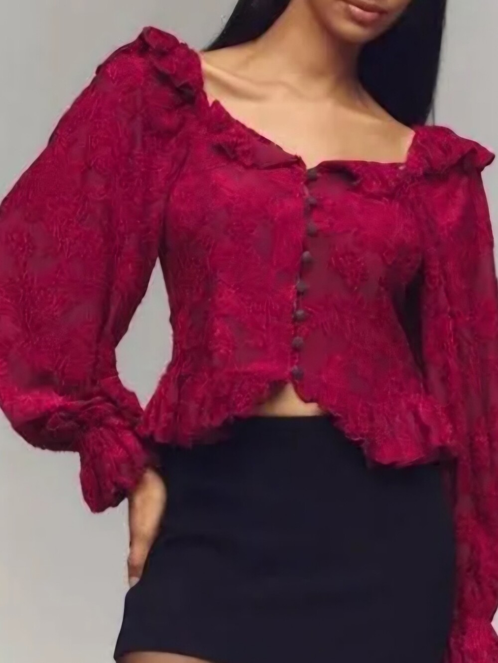 ANTHROPOLOGIE Velvet Burnout Burgundy Peasant Romantic Goth  Crop Top Size M.